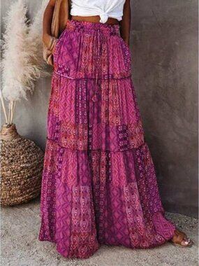 Women's Boho Maxi Skirts Vintage Floral Elastic High Waist A-Line Flowy Skirts T